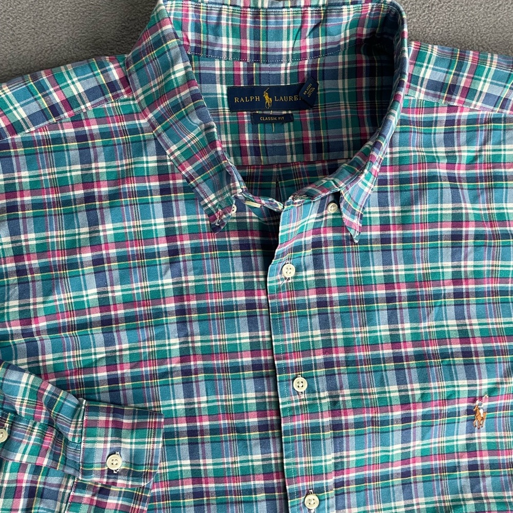 Ralph Lauren Men's Blue Green plaid button down sz 3xB  classic fit flesh pony - Picture 4 of 10